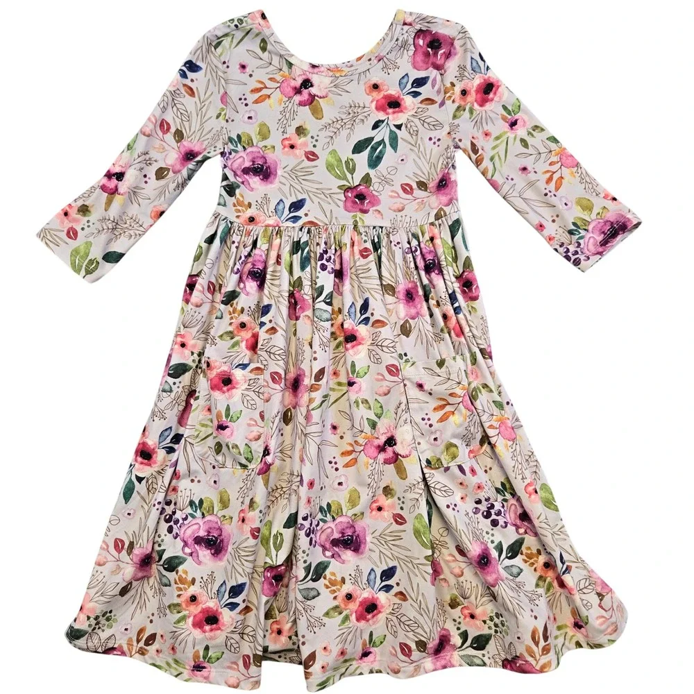 Mila & Rose Girls Floral Long Sleeve Pocket Dress Pink Purple 7-8  Cottagecore